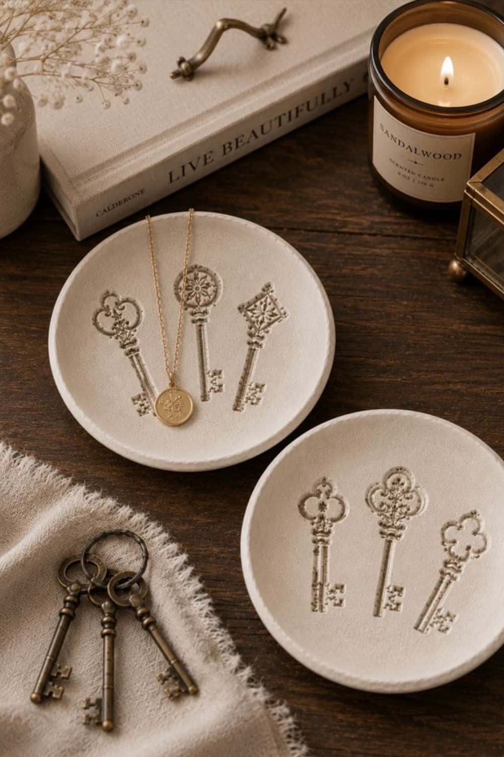 clay trinket dishes stamped with vintage keys