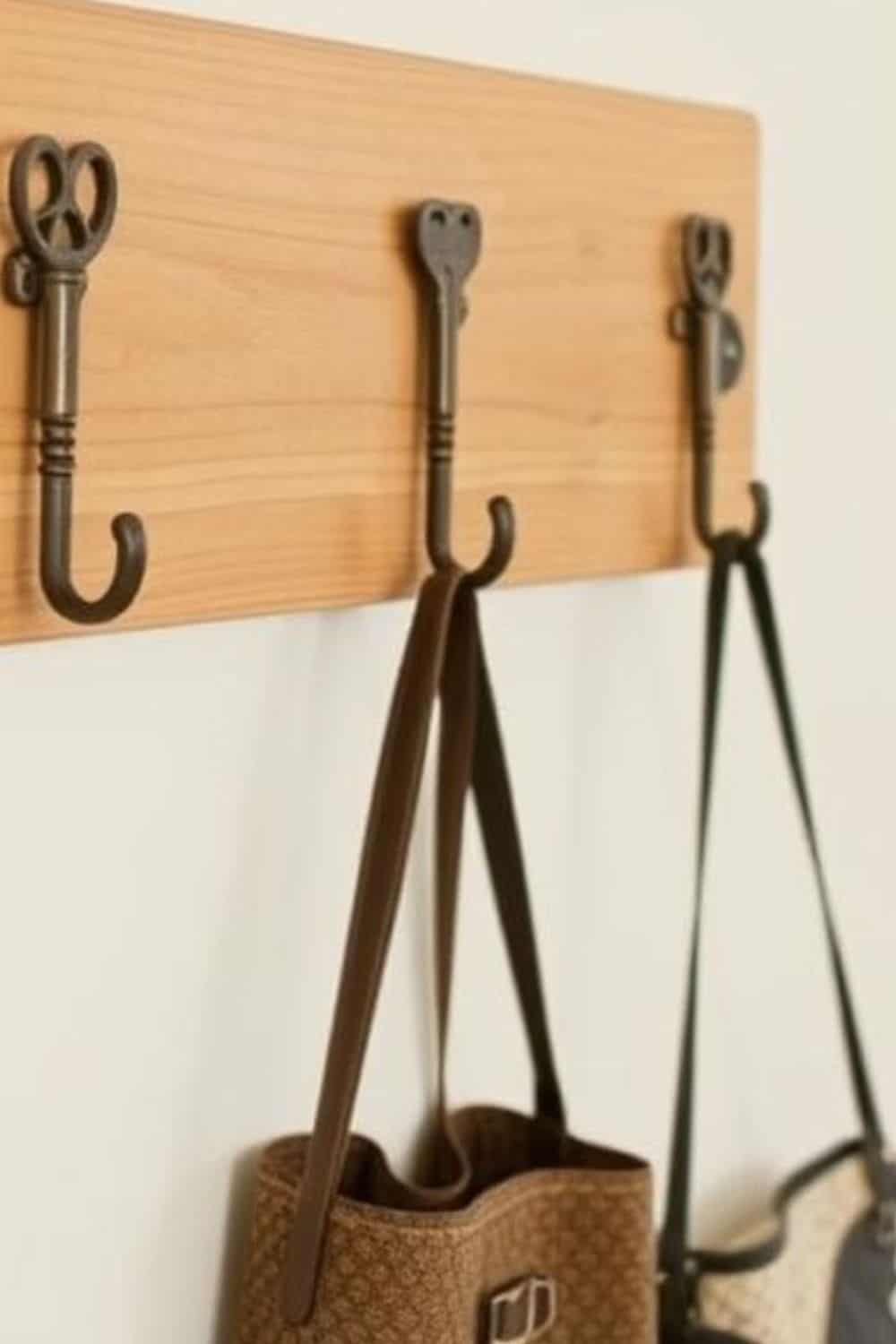 vintage keys displayed on a timber board as storage wall hooks