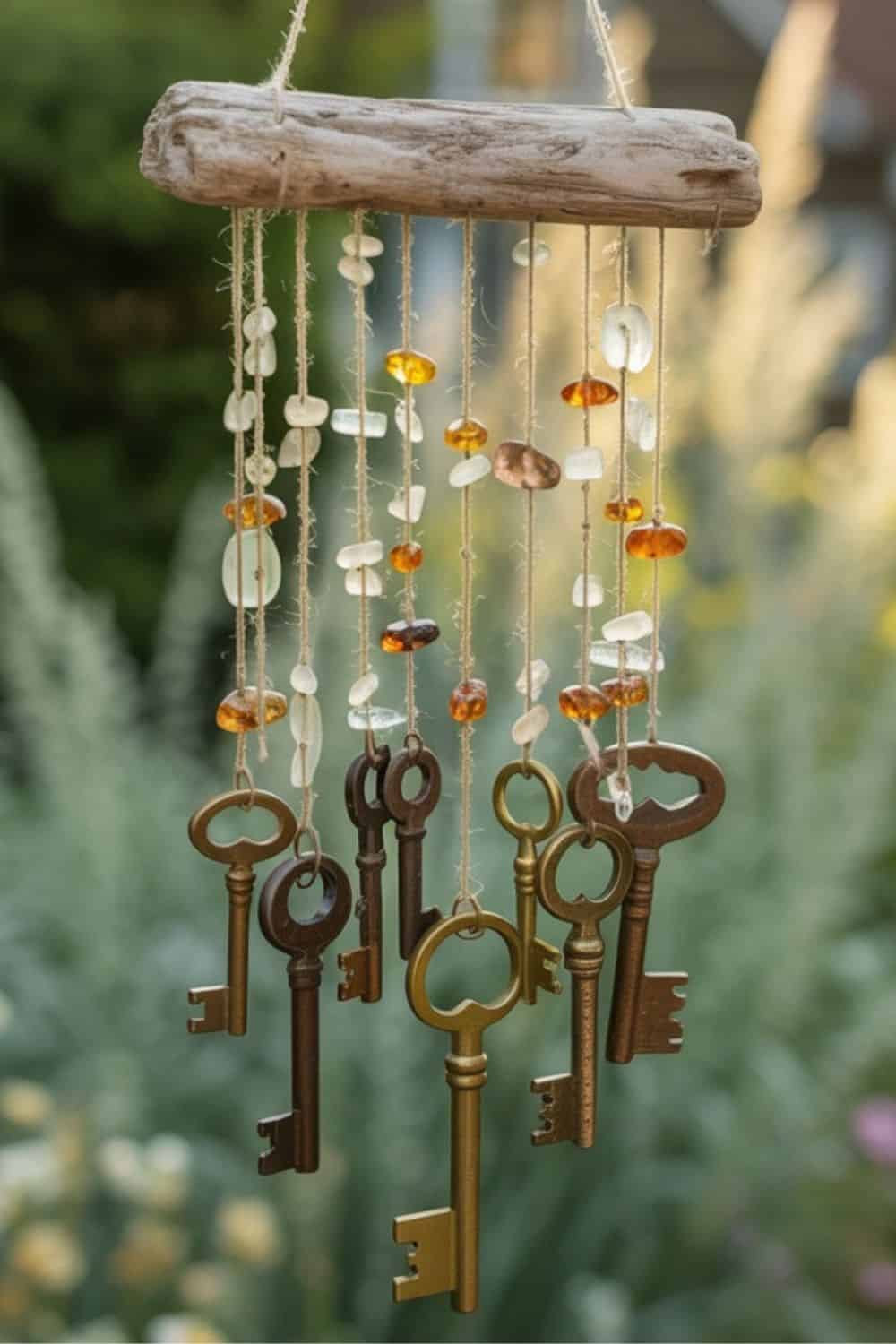 vintage keys and glass beads hanging from large  stick with twine to form a wind chime