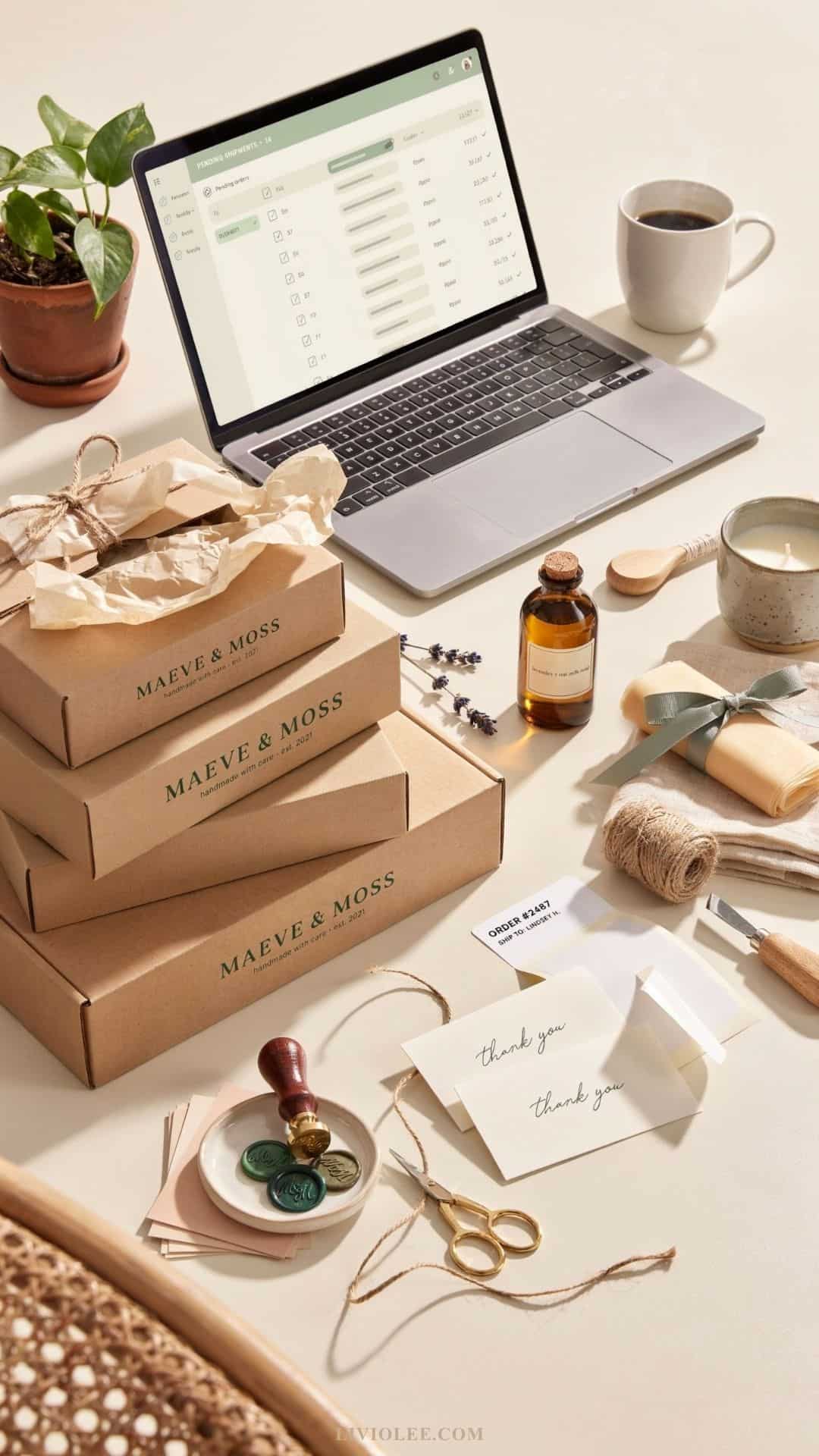Laptop and smartphone surrounded by handmade crafts and supplies, illustrating different ways to sell handmade products online