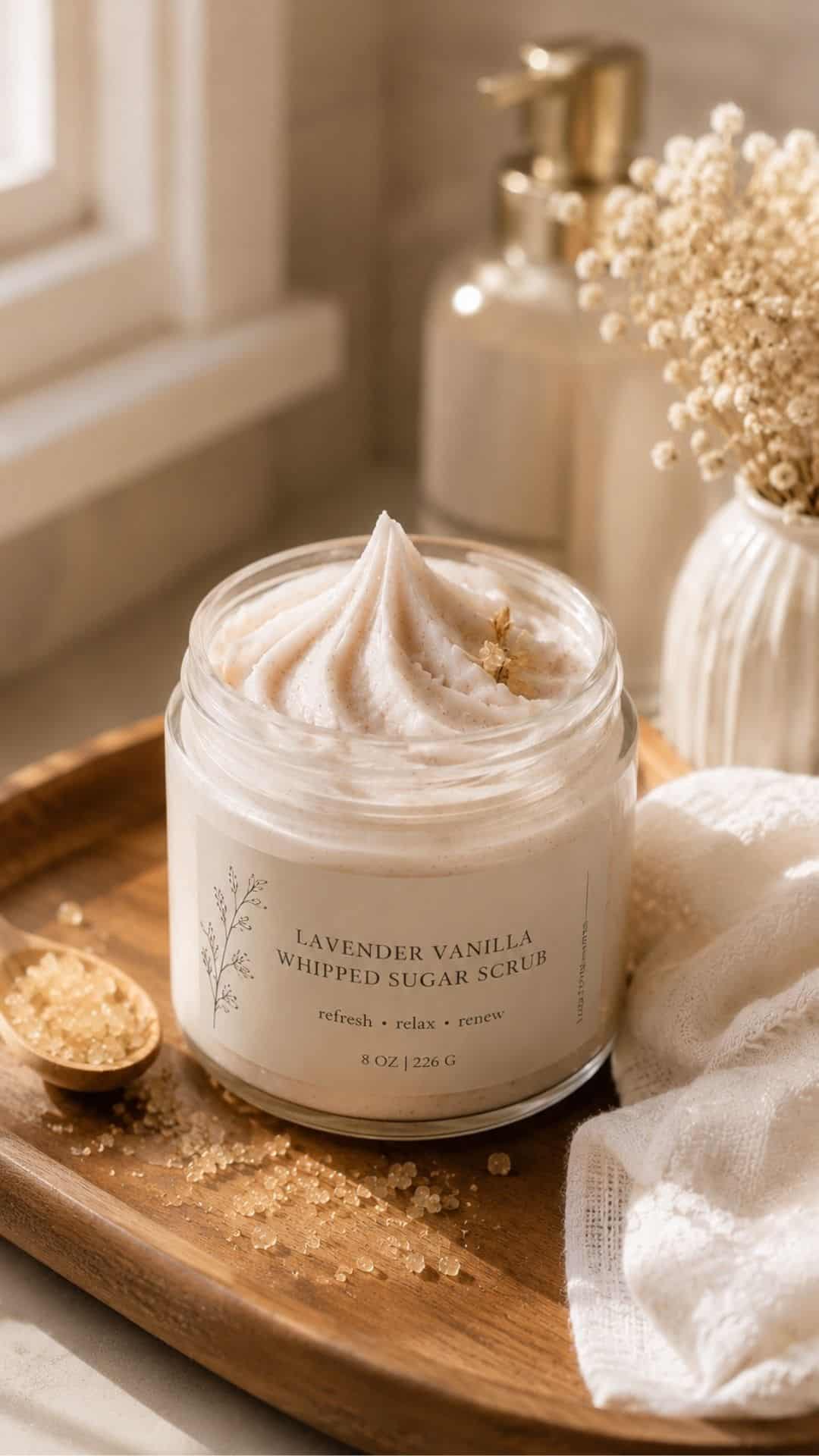 glass jar of fluffy whipped sugar scrub